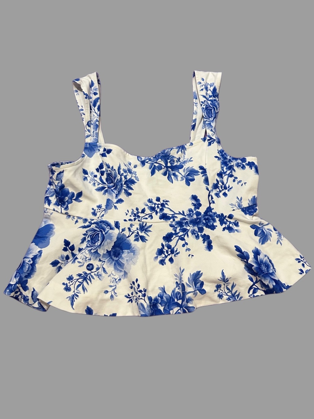 Maeve White and Blue Floral Square Neck Peplum Tank Top